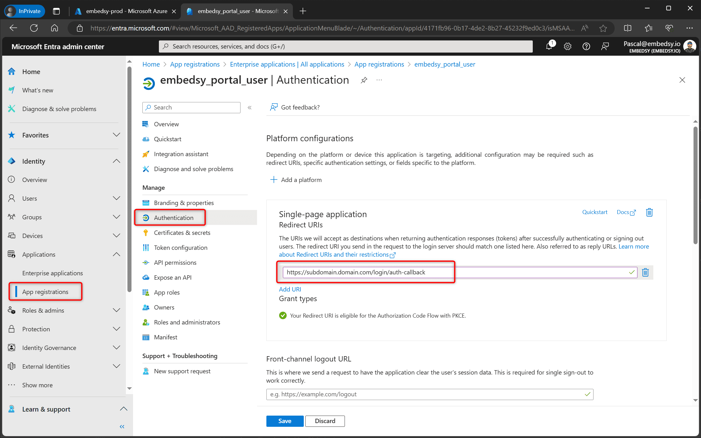 Single-page application redirect URI on the Authentication page of the app registration
