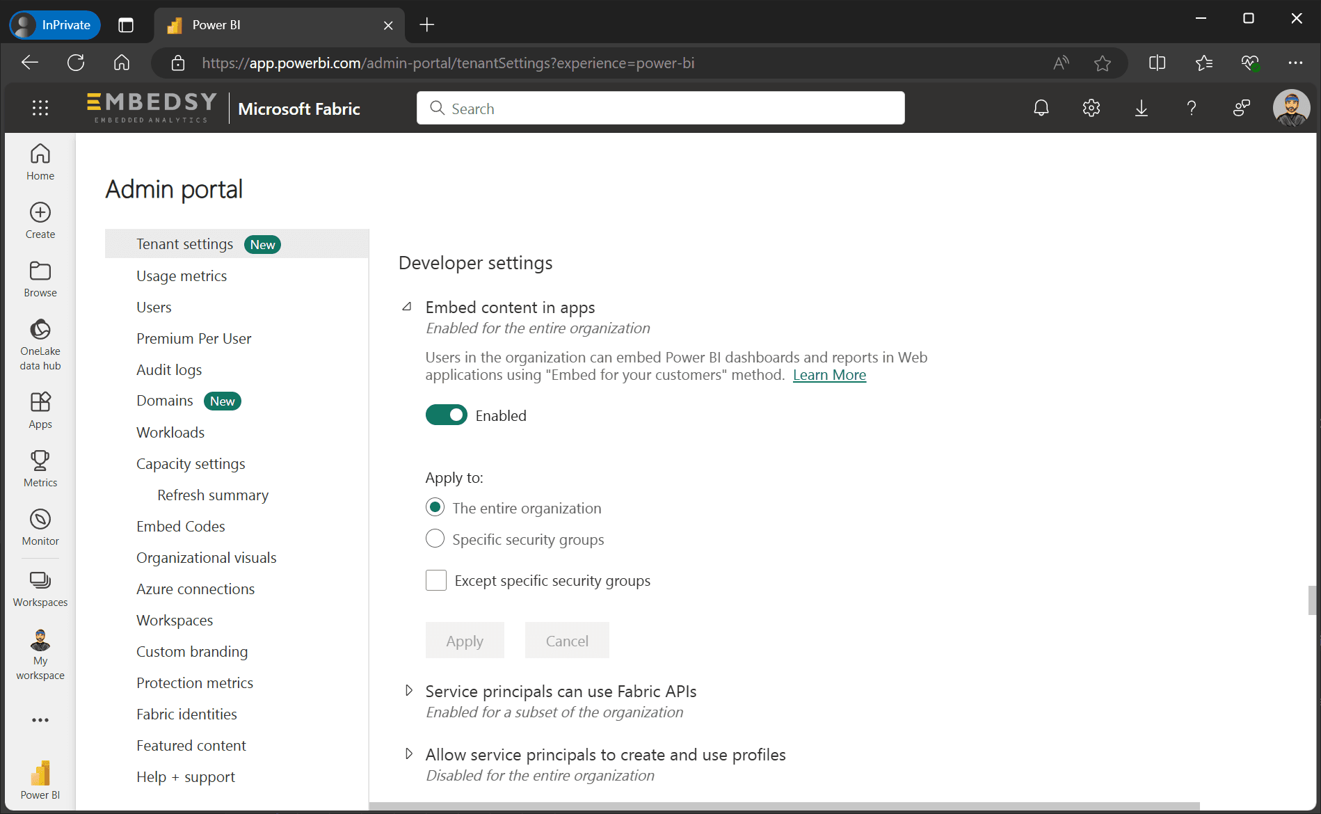Embed content in apps in the Developer settings
