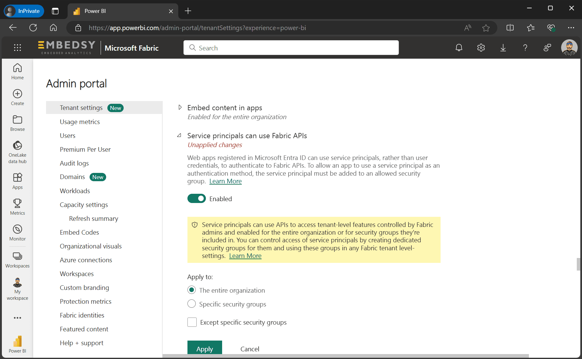 Service principal API access in the Developer settings