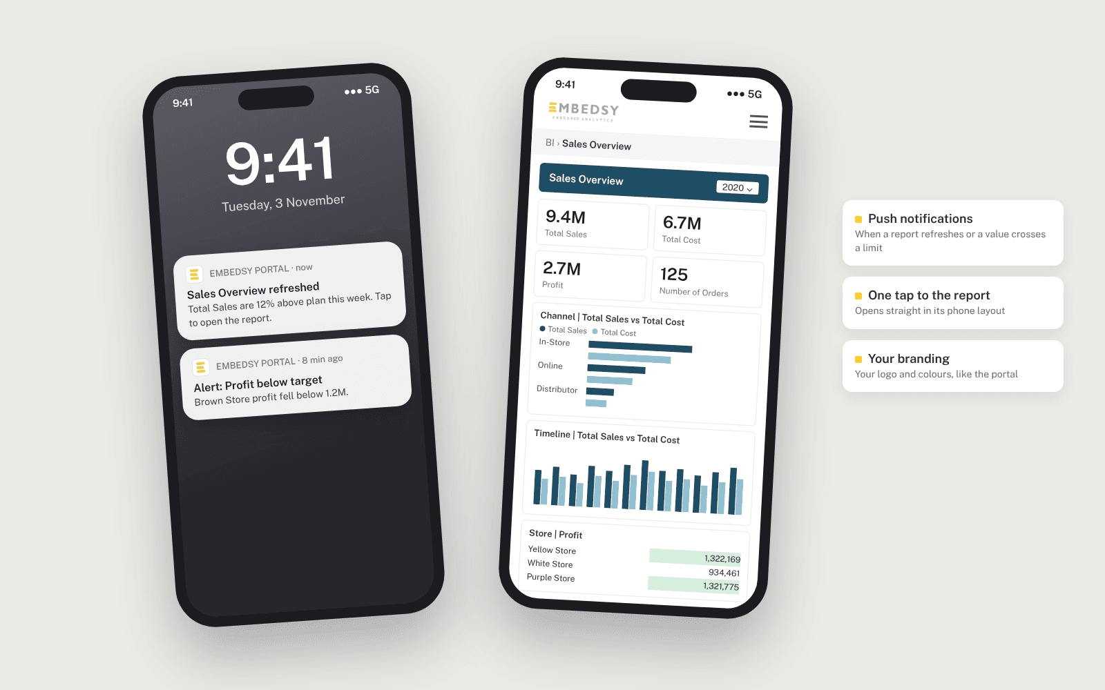 Concept of the Embedsy Portal as a mobile app: push notifications on the lock screen and a Power BI report in its phone layout