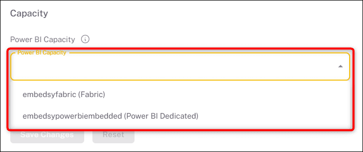 Power BI Capacity drop-down listing a Fabric and a Power BI Dedicated capacity
