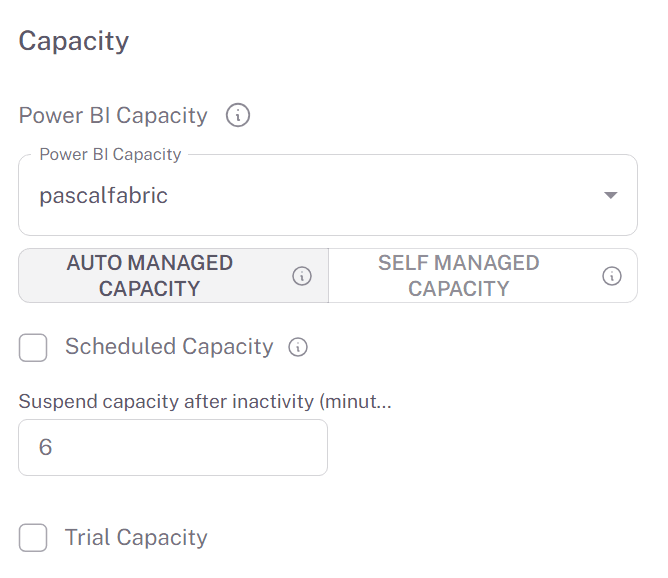 Auto Managed Capacity selected, with the Suspend capacity after inactivity field and Trial Capacity