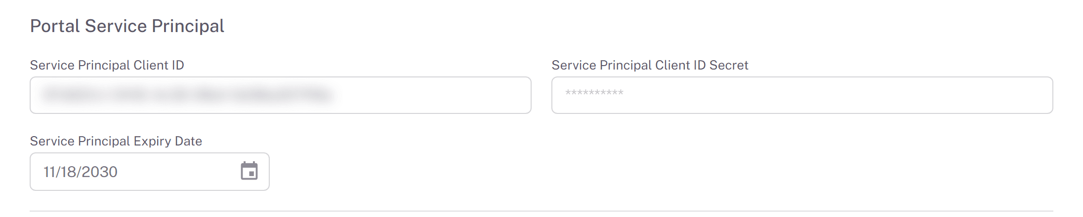 The Portal Service Principal section of Global Settings