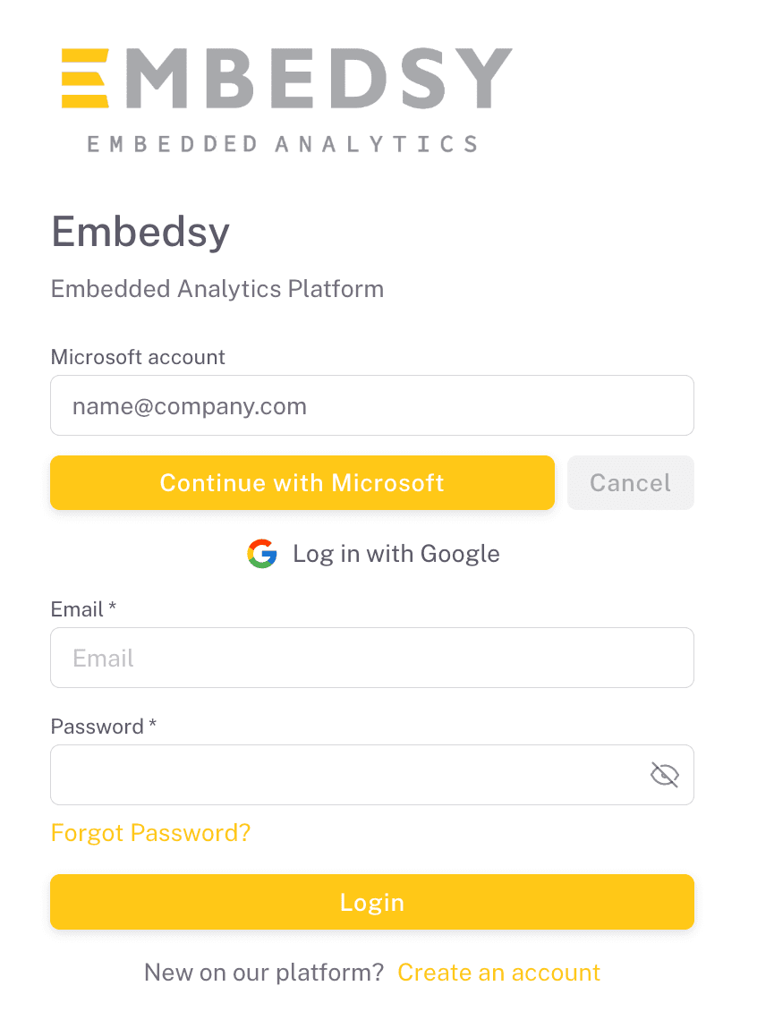 The Microsoft account email prompt on the Embedsy Portal login page