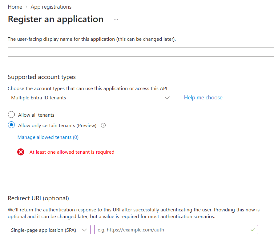 Registering an application for multiple Entra ID tenants, with the choice between all tenants and only certain tenants