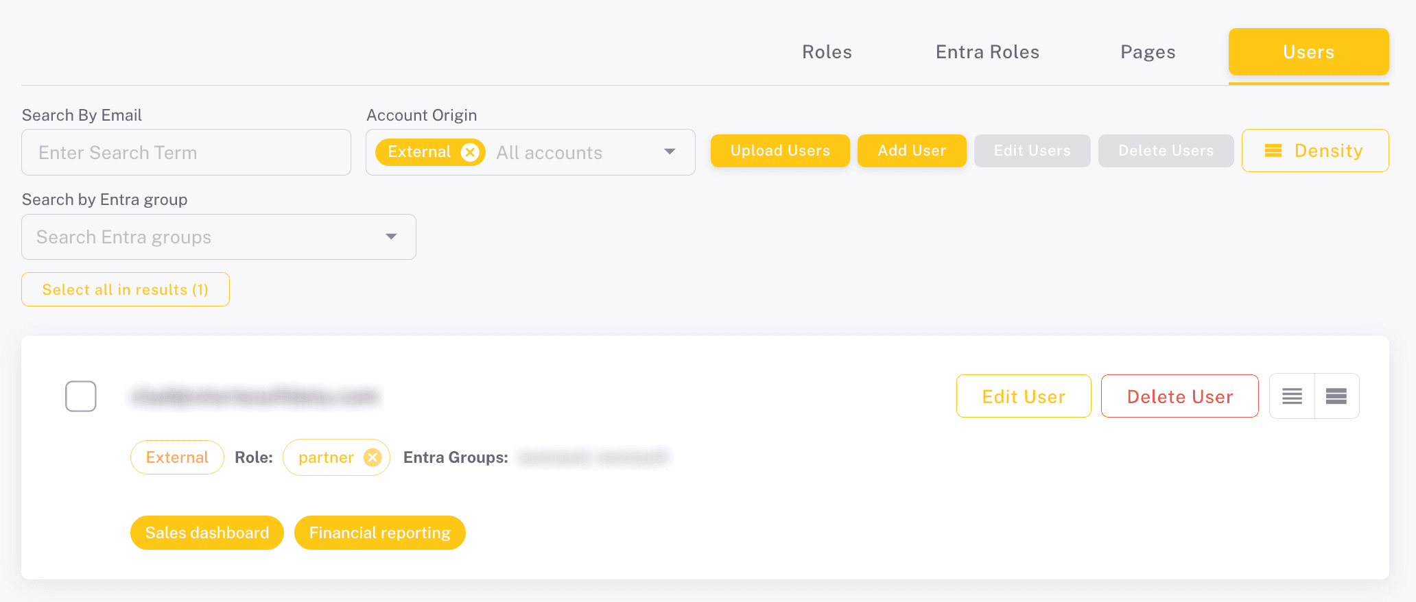 The Users tab filtered to External accounts, with the External label on a user