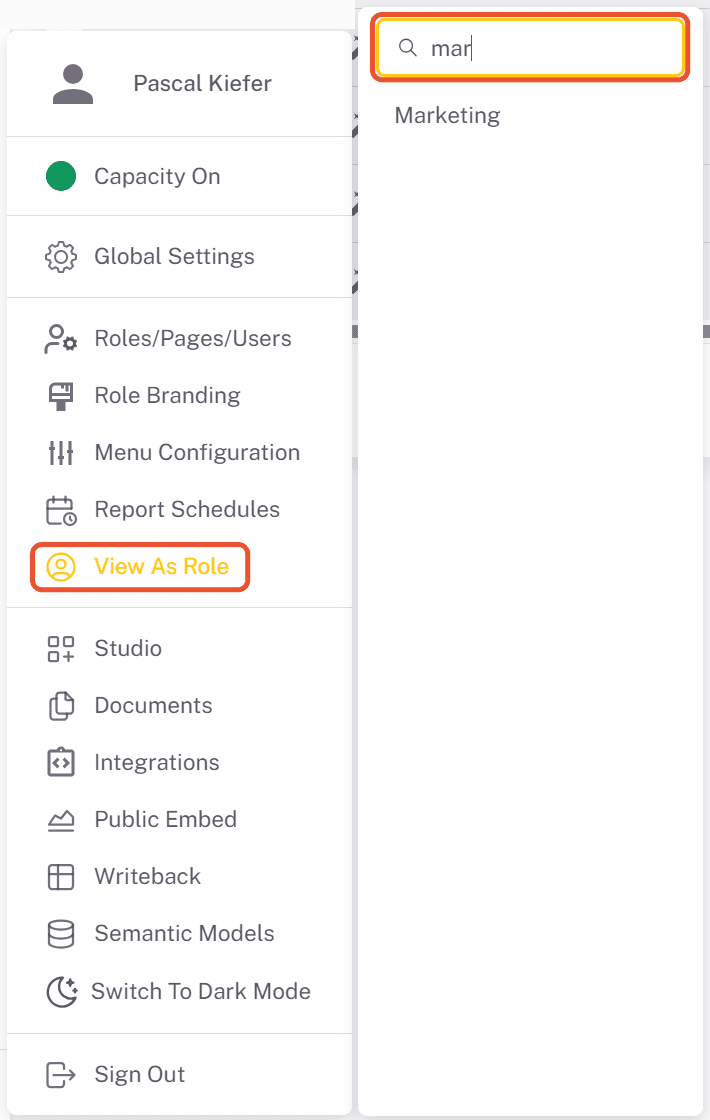 View As Role in the user menu, with the role search narrowed to Marketing