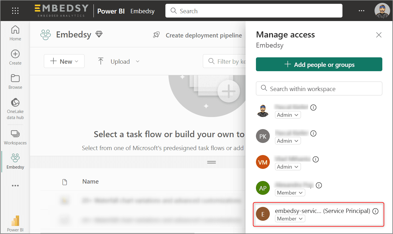 Service principal with the Member role in the Manage access pane of a workspace