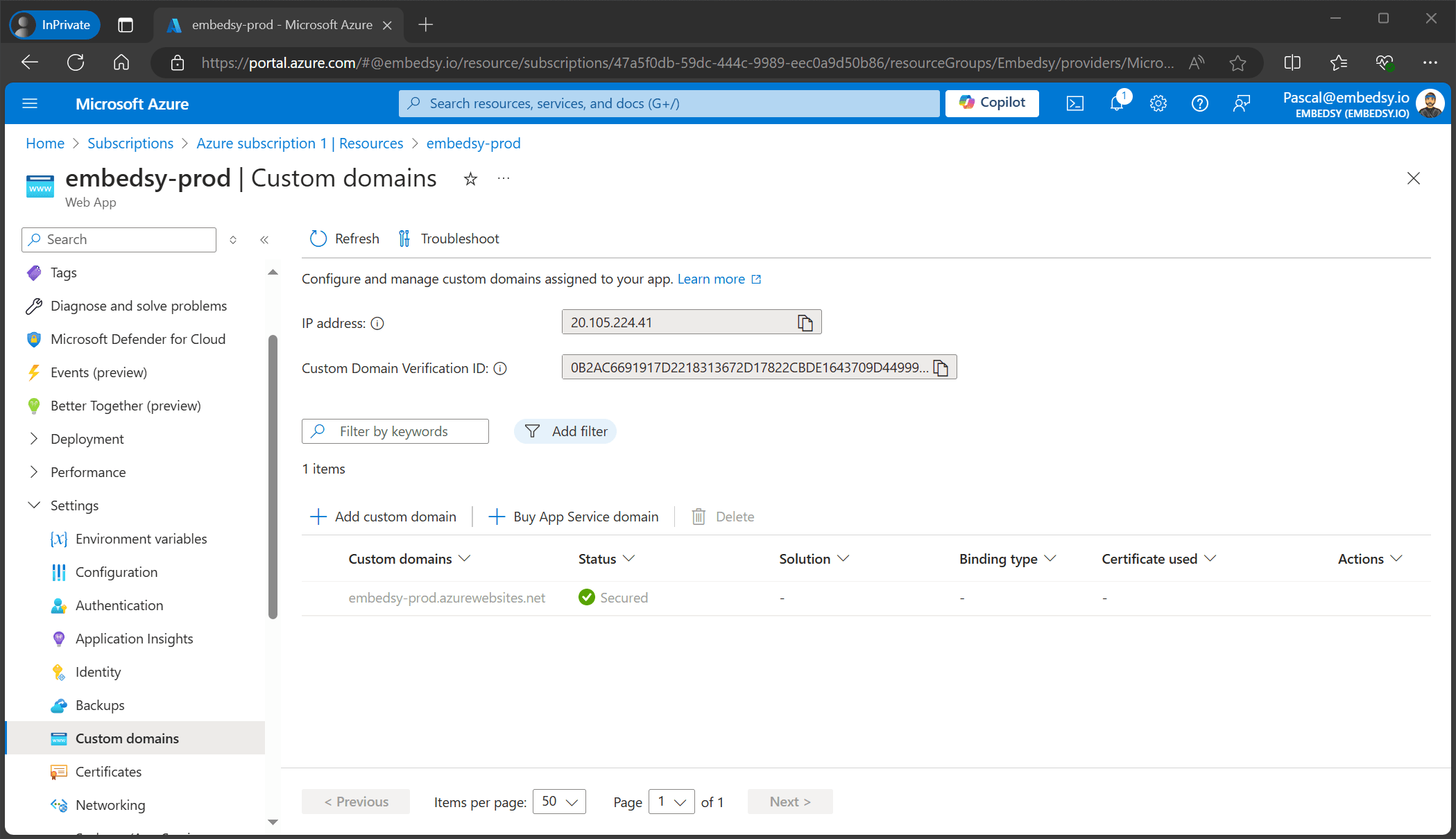 Custom domains page of the Web App in the Azure Portal with Add custom domain
