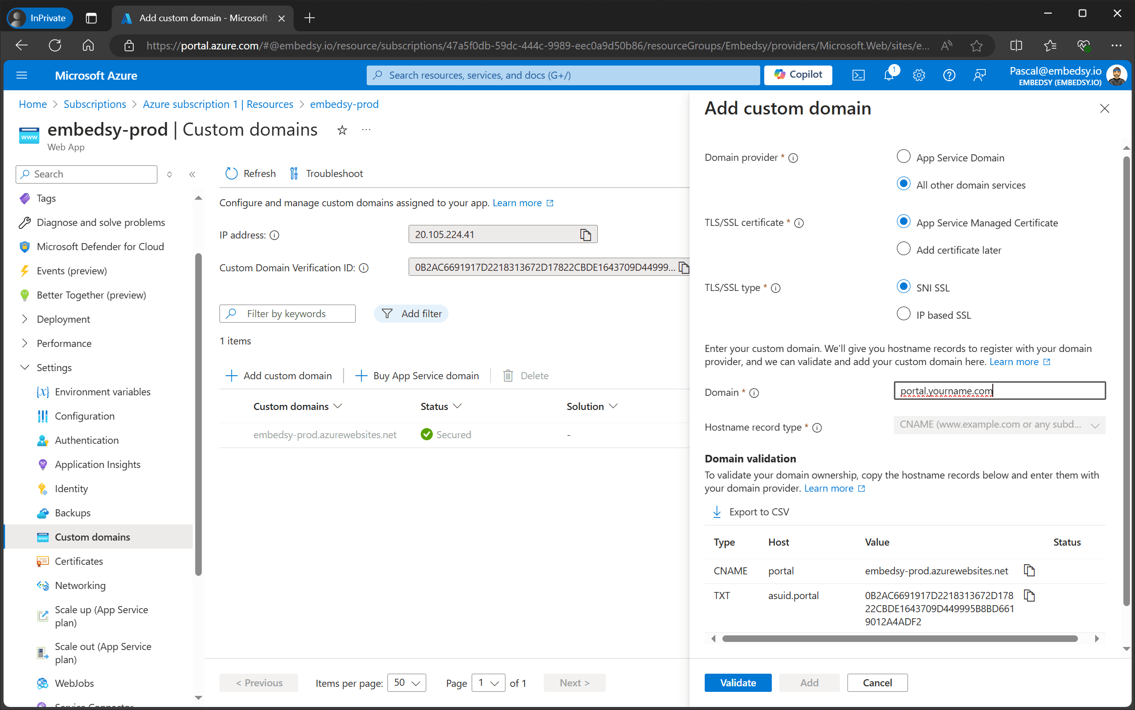 Add custom domain panel with the CNAME and TXT records to create