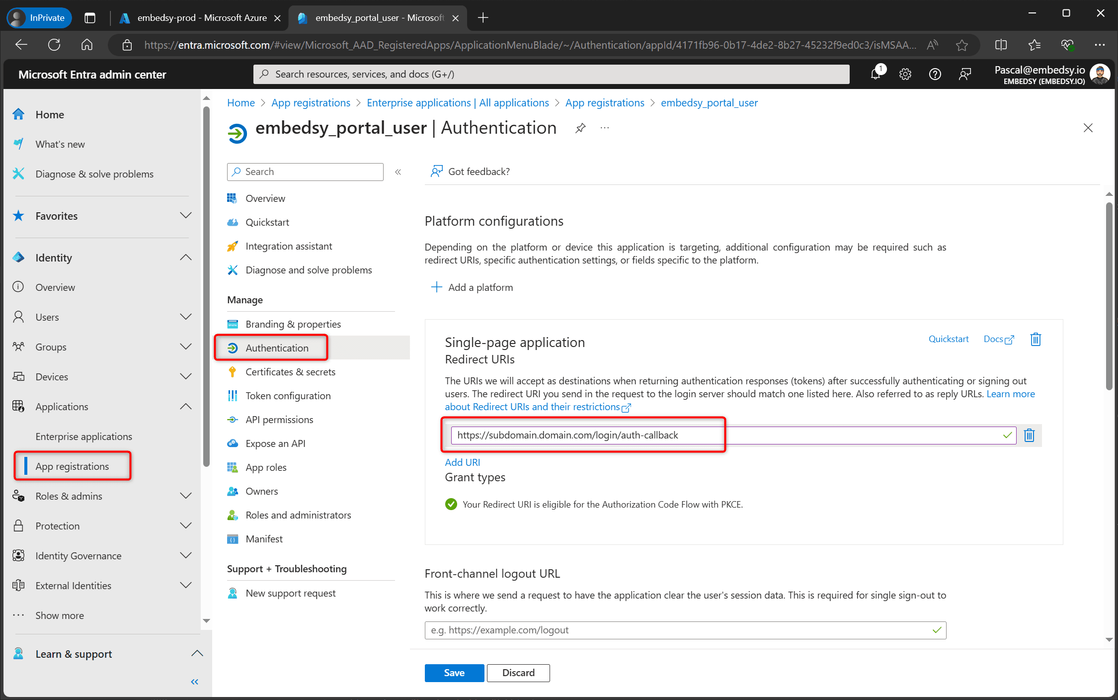 Single-page application redirect URI on the Authentication page of the app registration