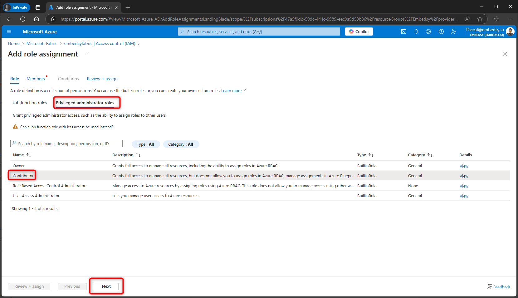 Contributor role on the Privileged administrator roles tab