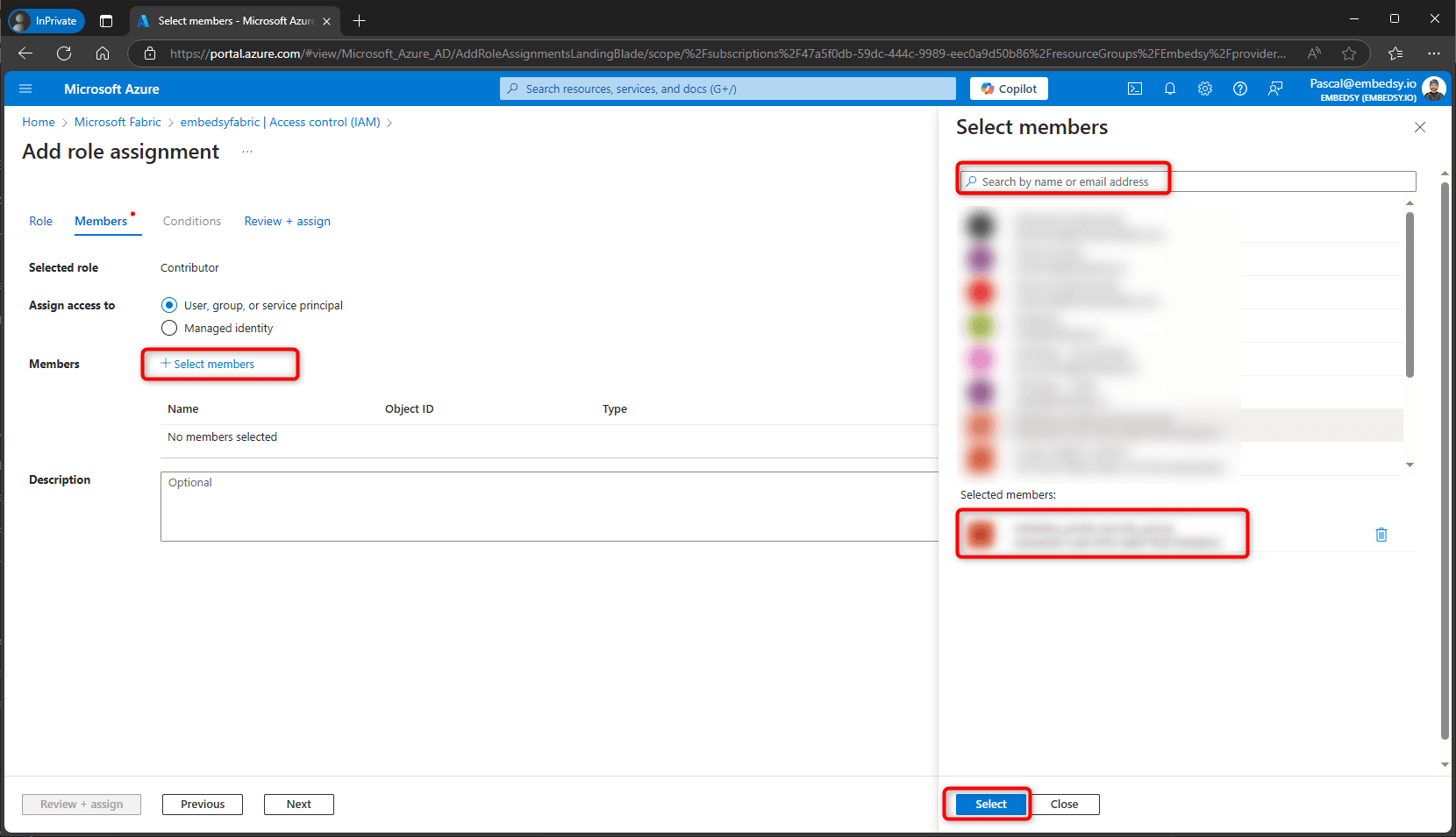 Selecting the security group as member of the role assignment
