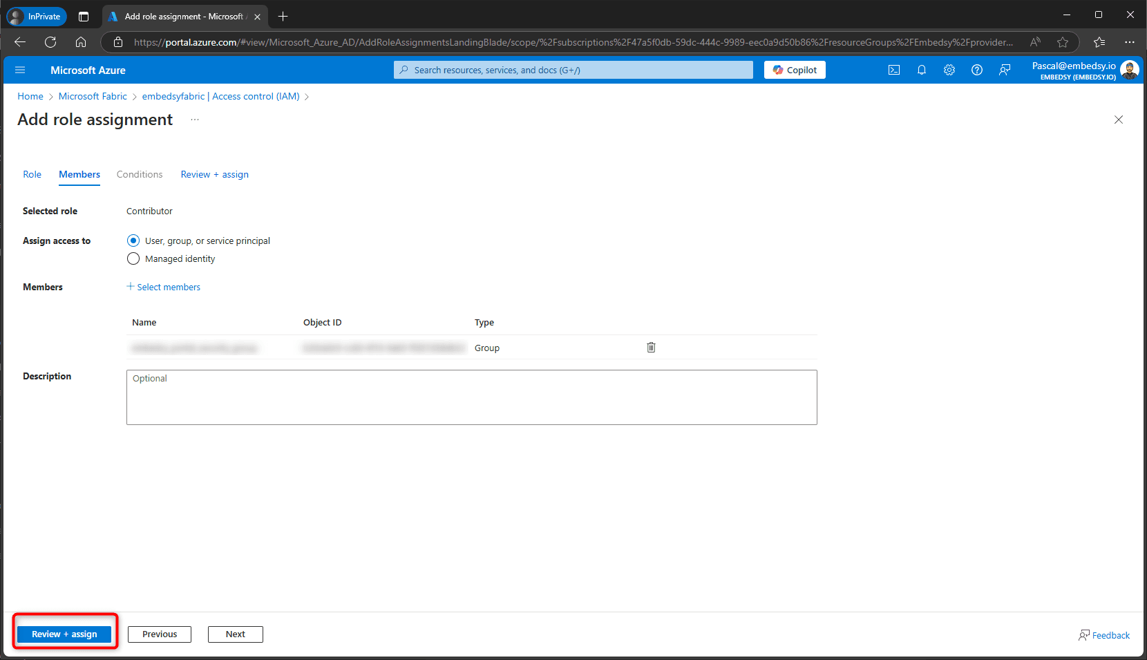 Review + assign the Contributor role to the security group