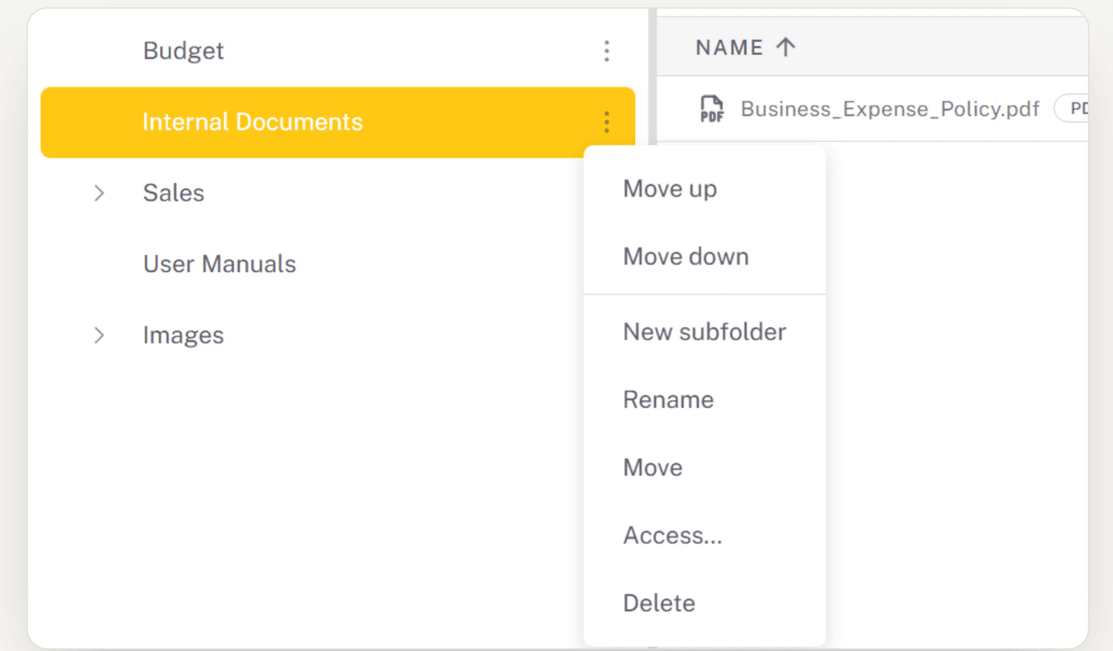 The admin folder tree with a context menu offering New subfolder, Rename, Move, Access and Delete