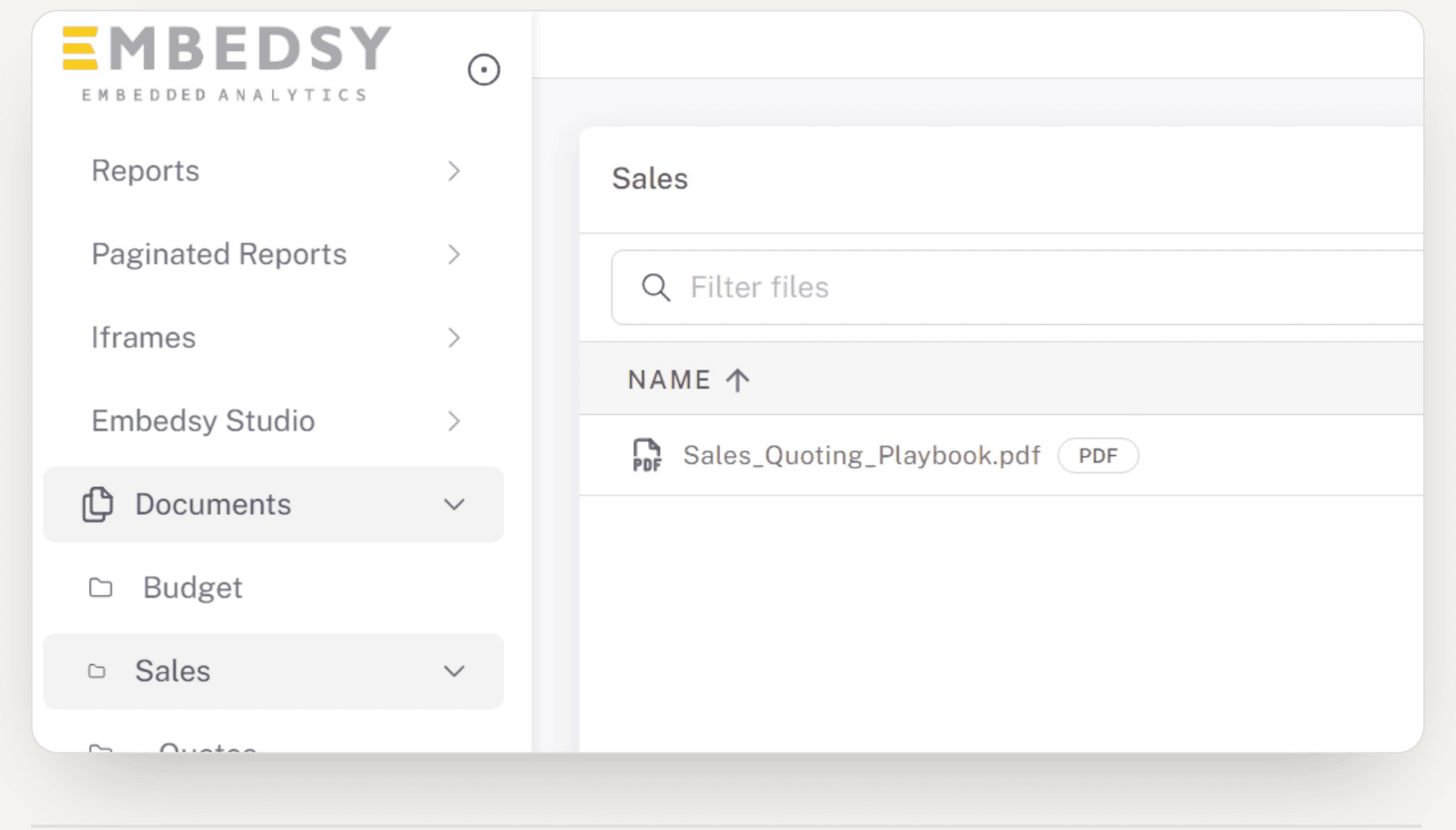 The Embedsy Portal menu showing Documents below Reports, with Budget and Sales folders open and a PDF listed in the Sales folder