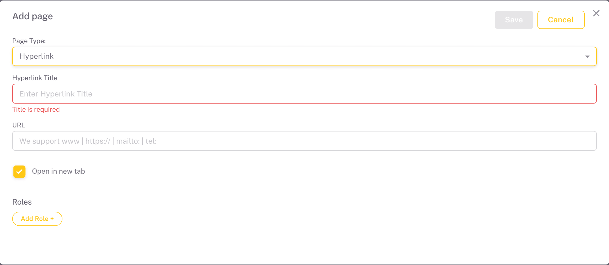 Add Page form for a Hyperlink