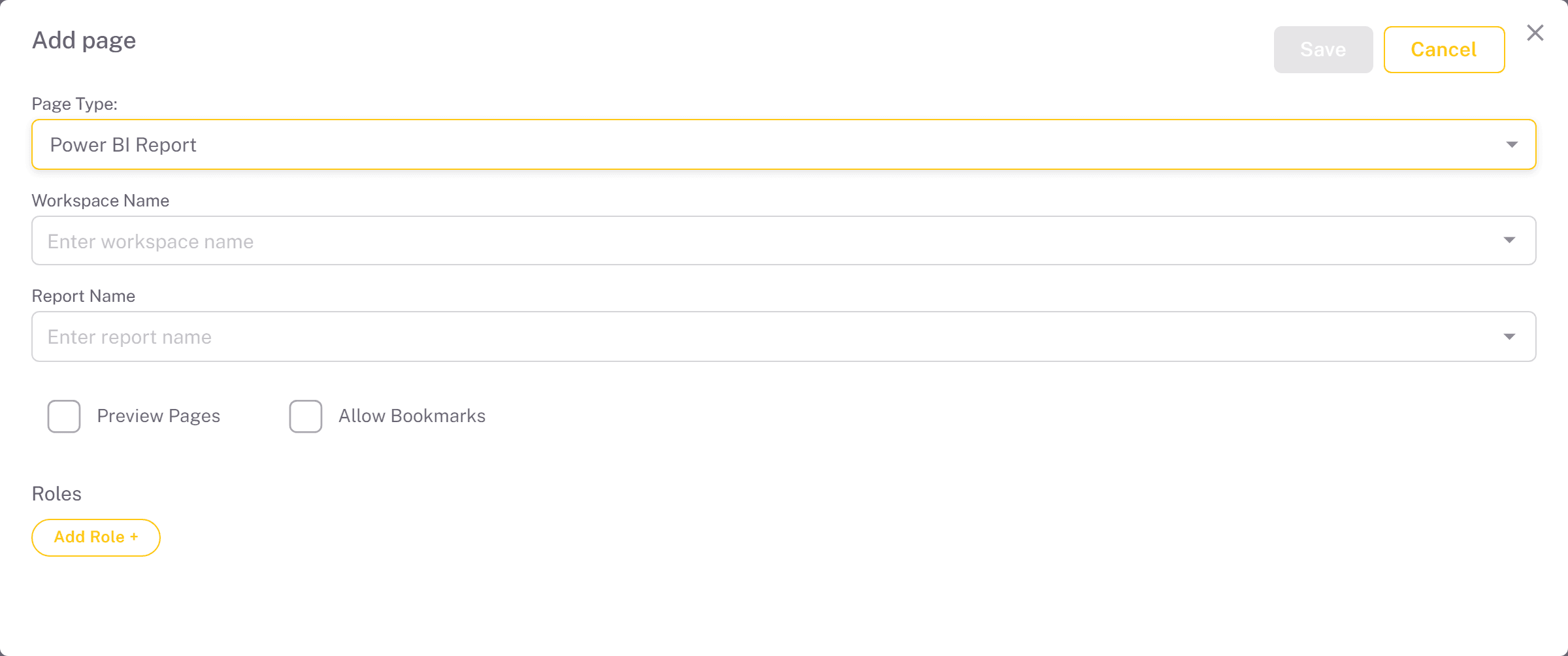 Add Page form for a Power BI Report
