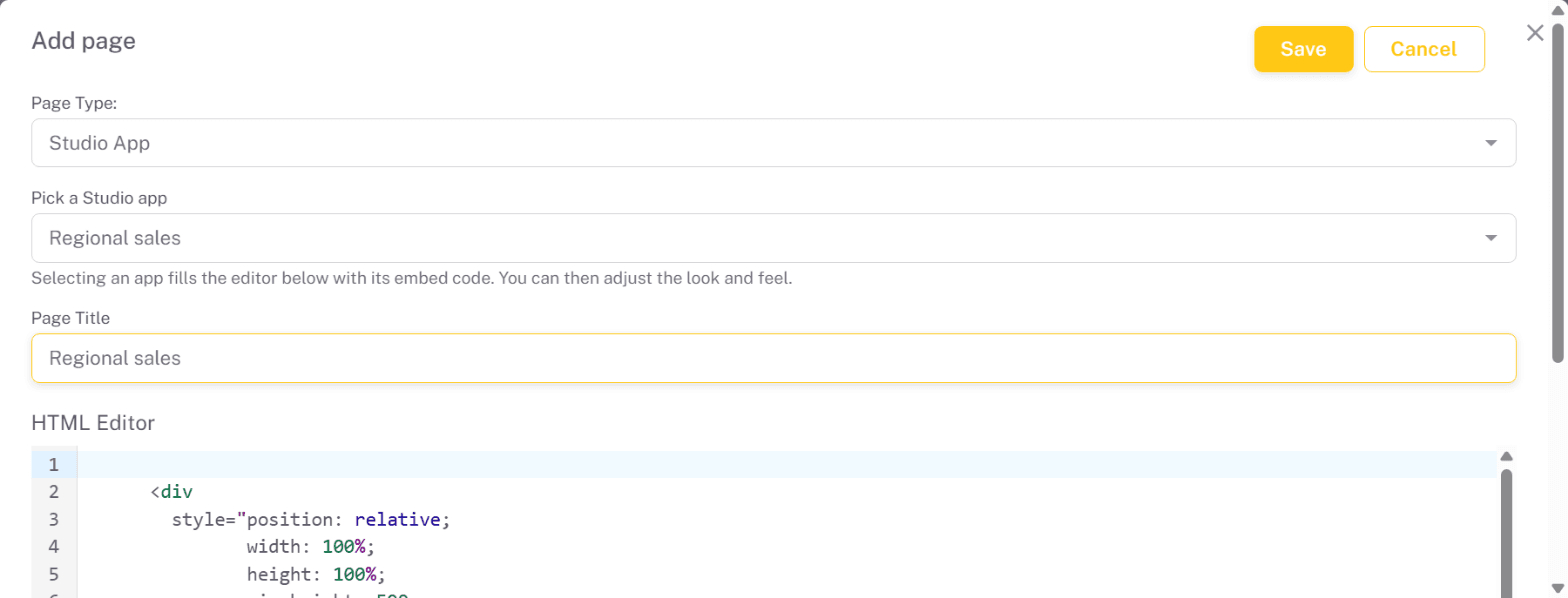 Add Page form for a Studio App, with Pick a Studio app, Page Title and the generated embed code