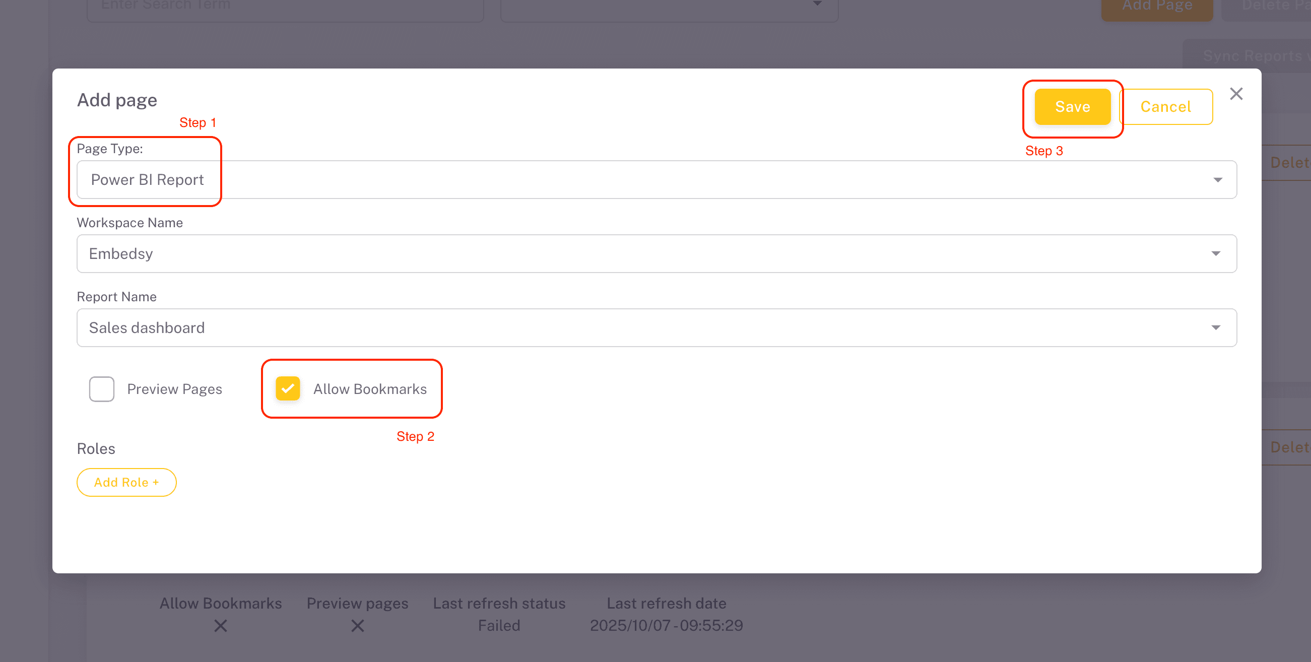 Allow Bookmarks checked for a Power BI report page