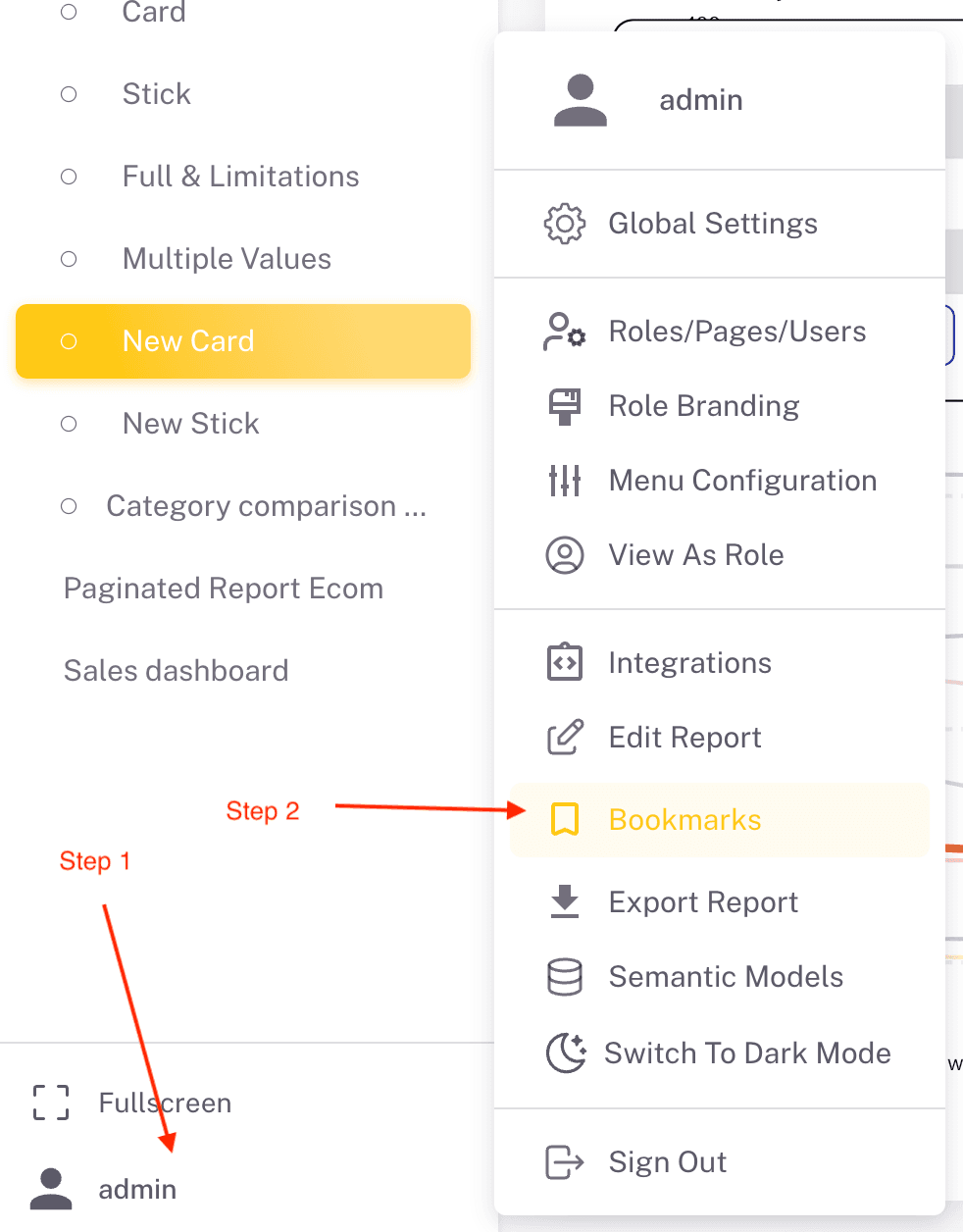Bookmarks entry in the user menu while a report is open