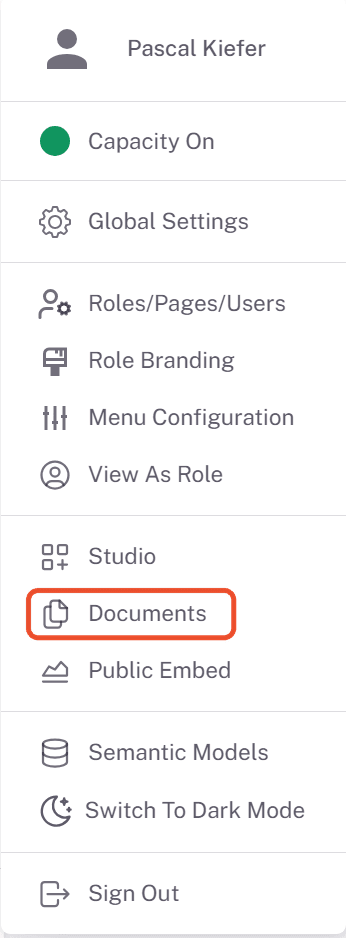Documents entry in the Embedsy Portal user menu