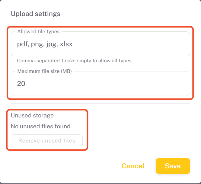 Upload settings dialog with allowed file types, maximum file size and unused storage