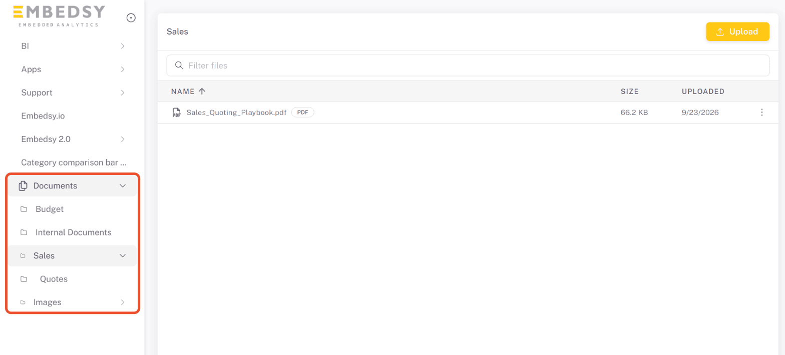 Documents section in the navigation menu with a folder open