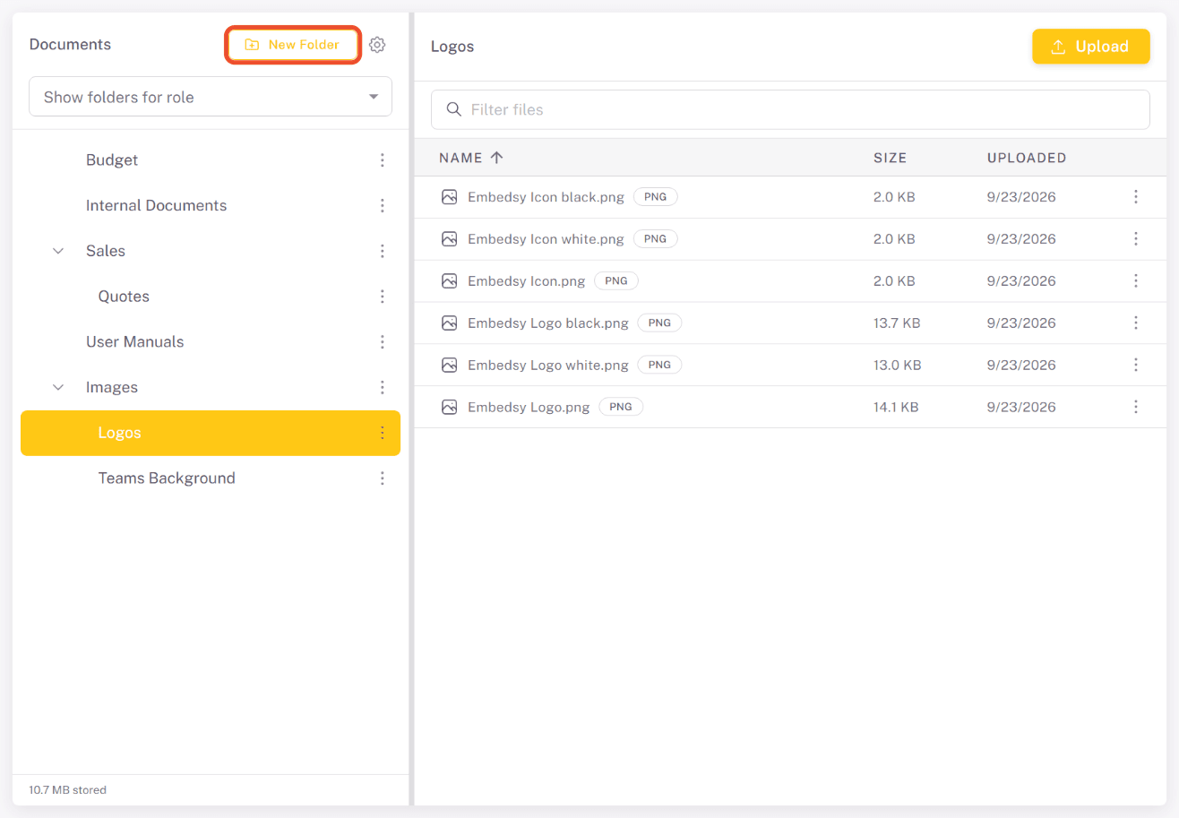 New Folder button on the Documents page