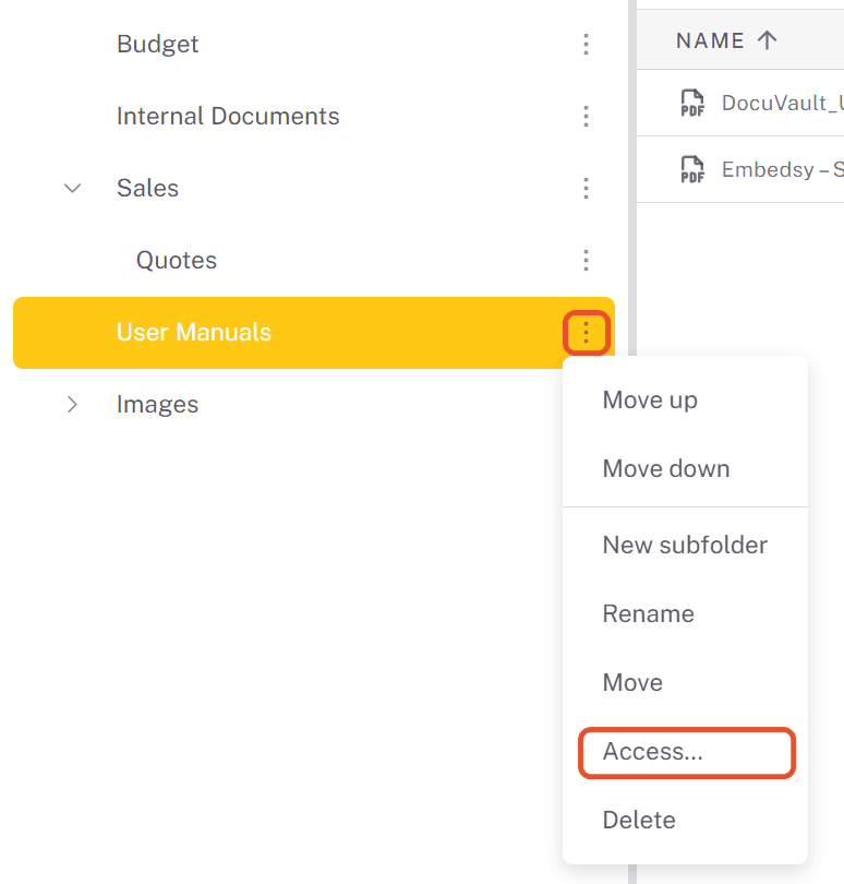 Folder menu with Move up, Move down, New subfolder, Rename, Move, Access and Delete
