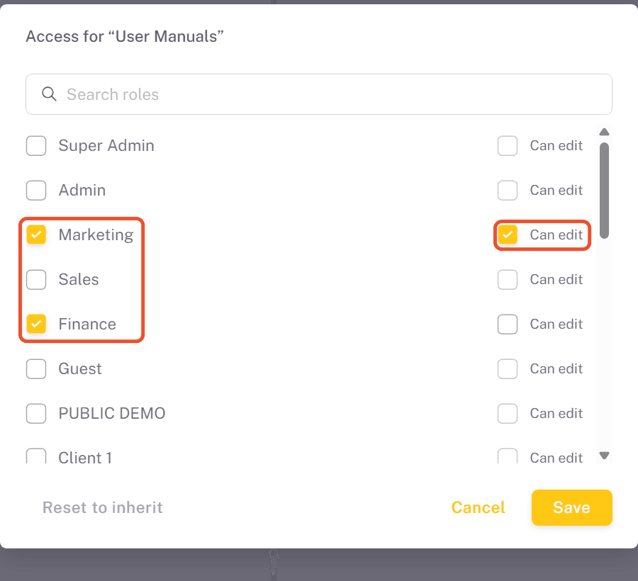 Access dialog with two roles selected and Can edit checked for one of them