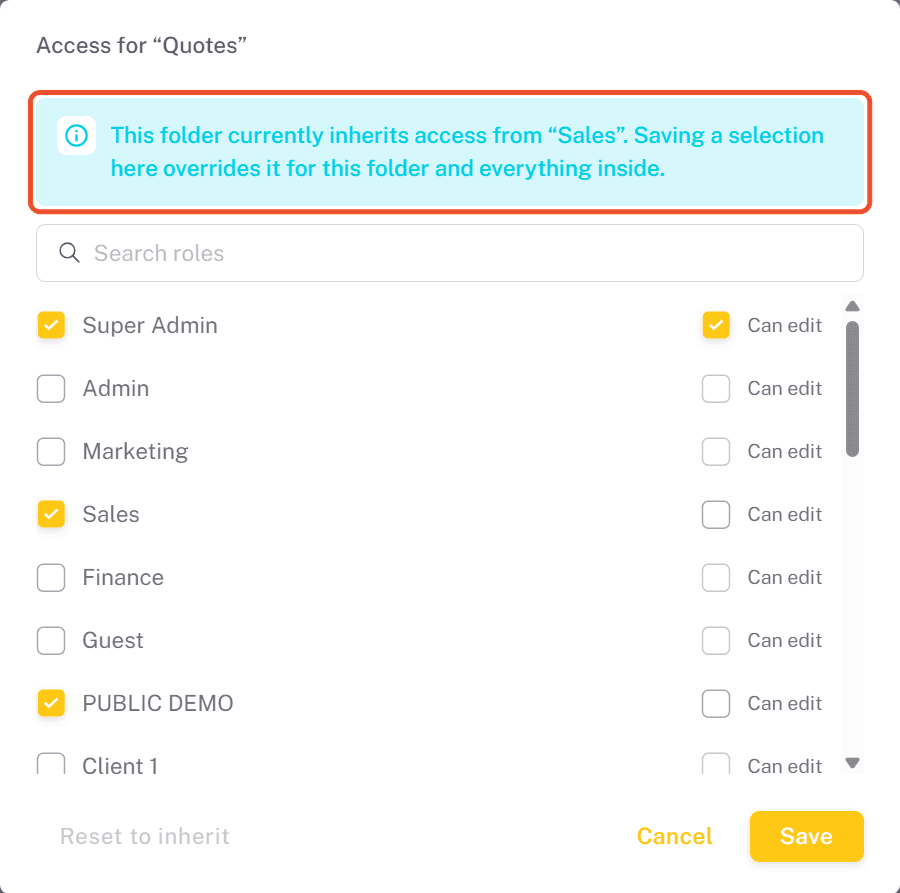 Access dialog of a subfolder showing that it inherits access from its parent folder