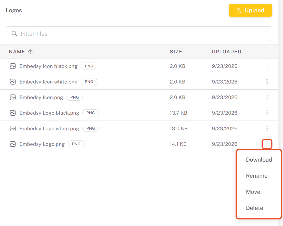 File menu with Download, Rename, Move and Delete