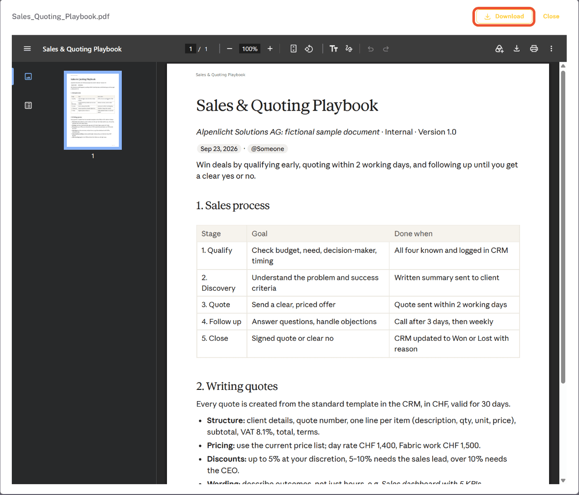 A PDF open inside the Embedsy Portal with a Download button above it