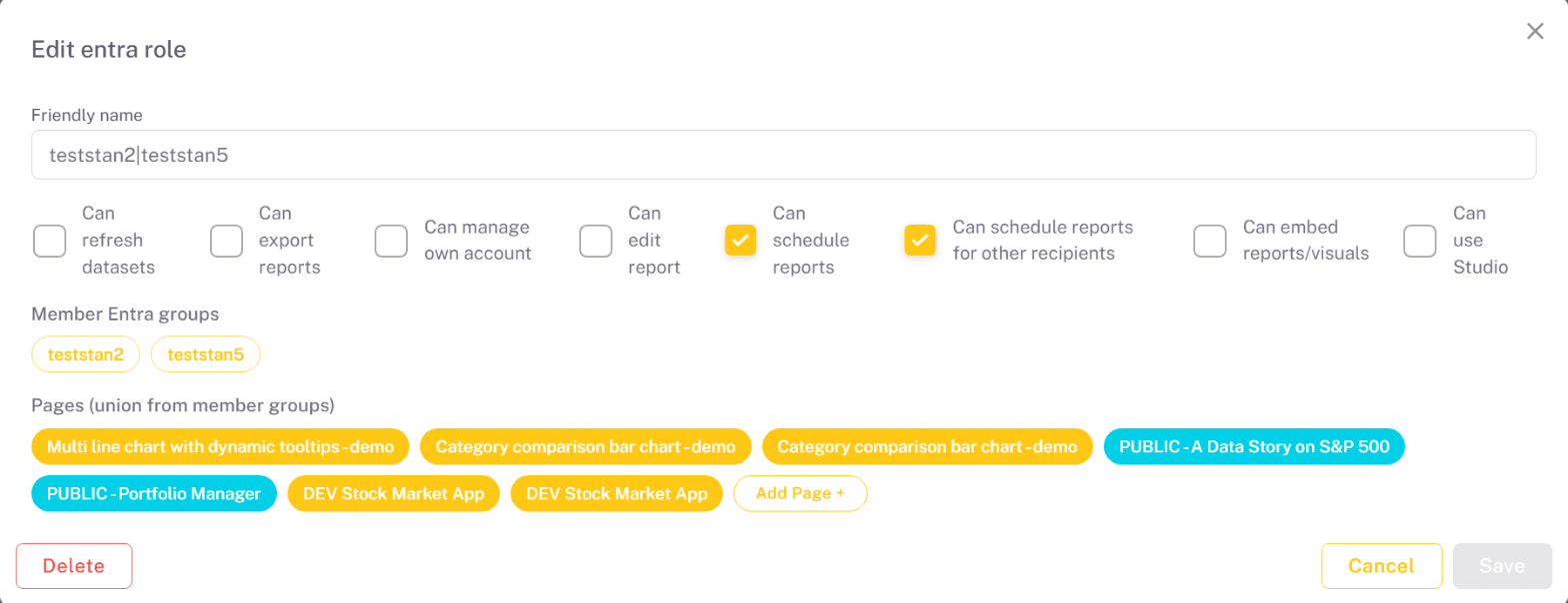 Edit entra role dialog with the friendly name, the permissions, the member Entra groups and the combined list of pages