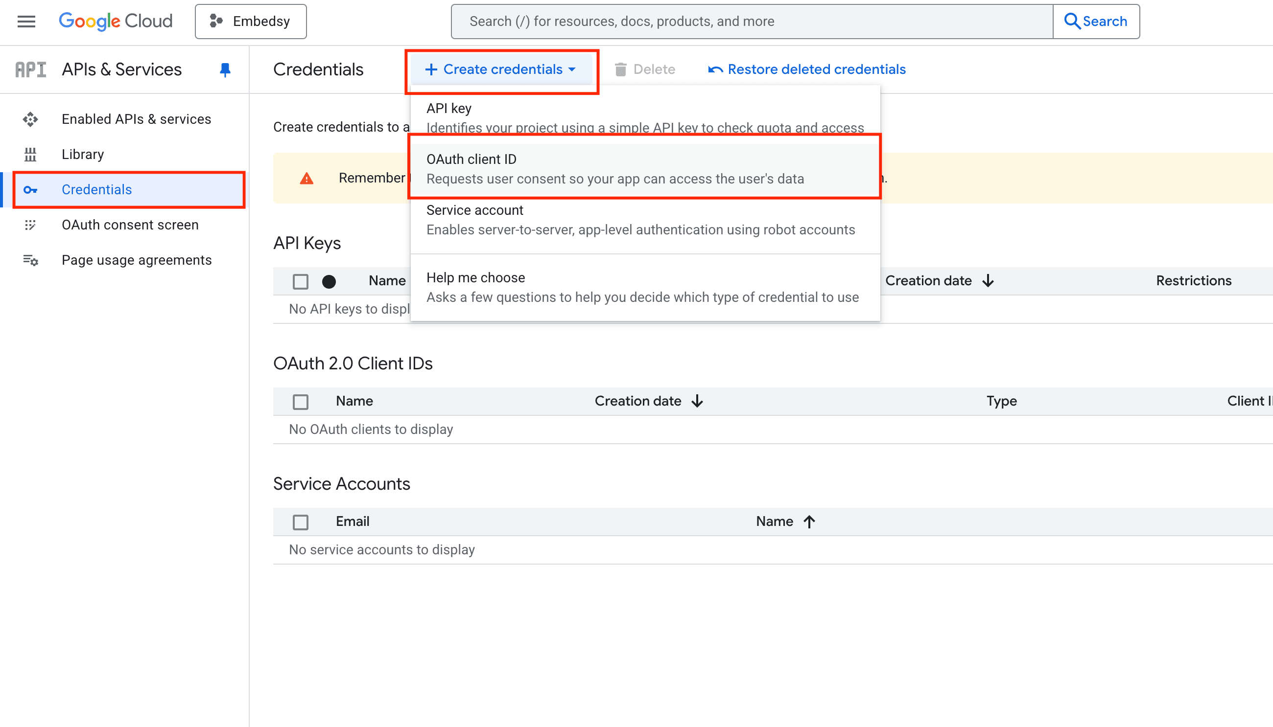 Create credentials menu with OAuth client ID highlighted