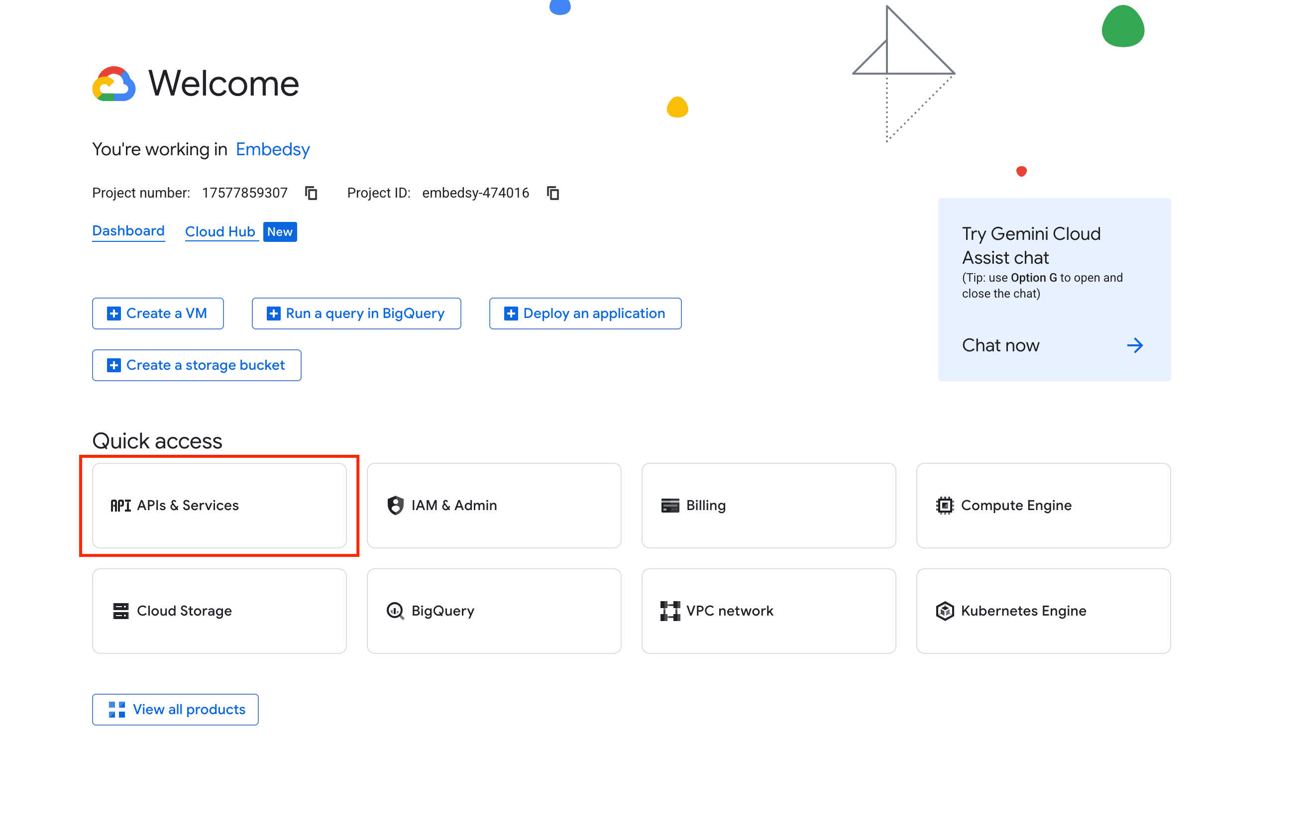 APIs & Services in the Google Cloud Console quick access