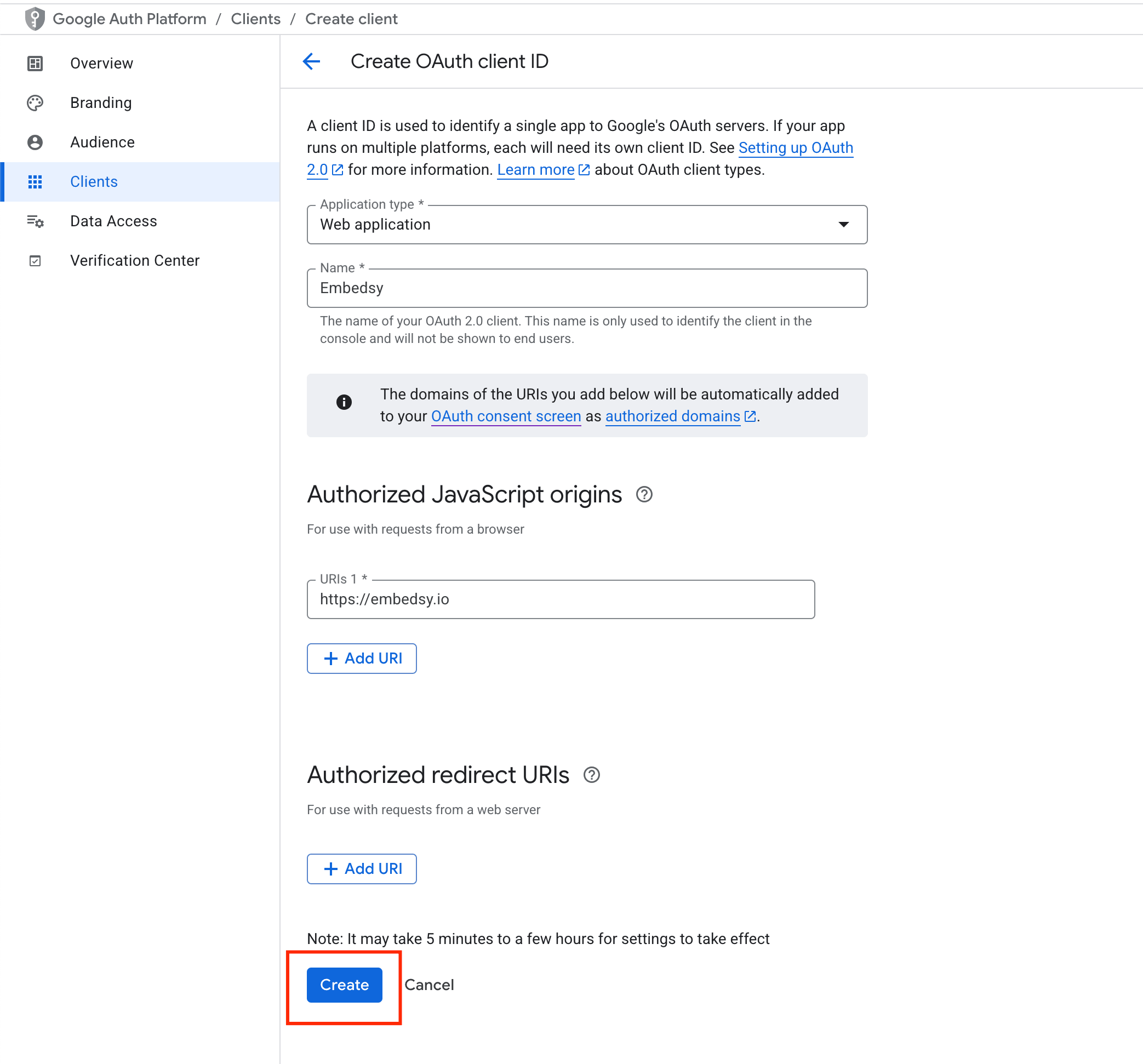 Create OAuth client ID form with Web application, a name and an authorized JavaScript origin