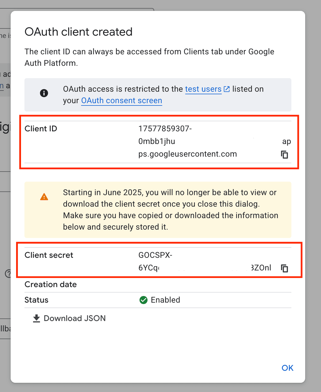 OAuth client created dialog with the Client ID