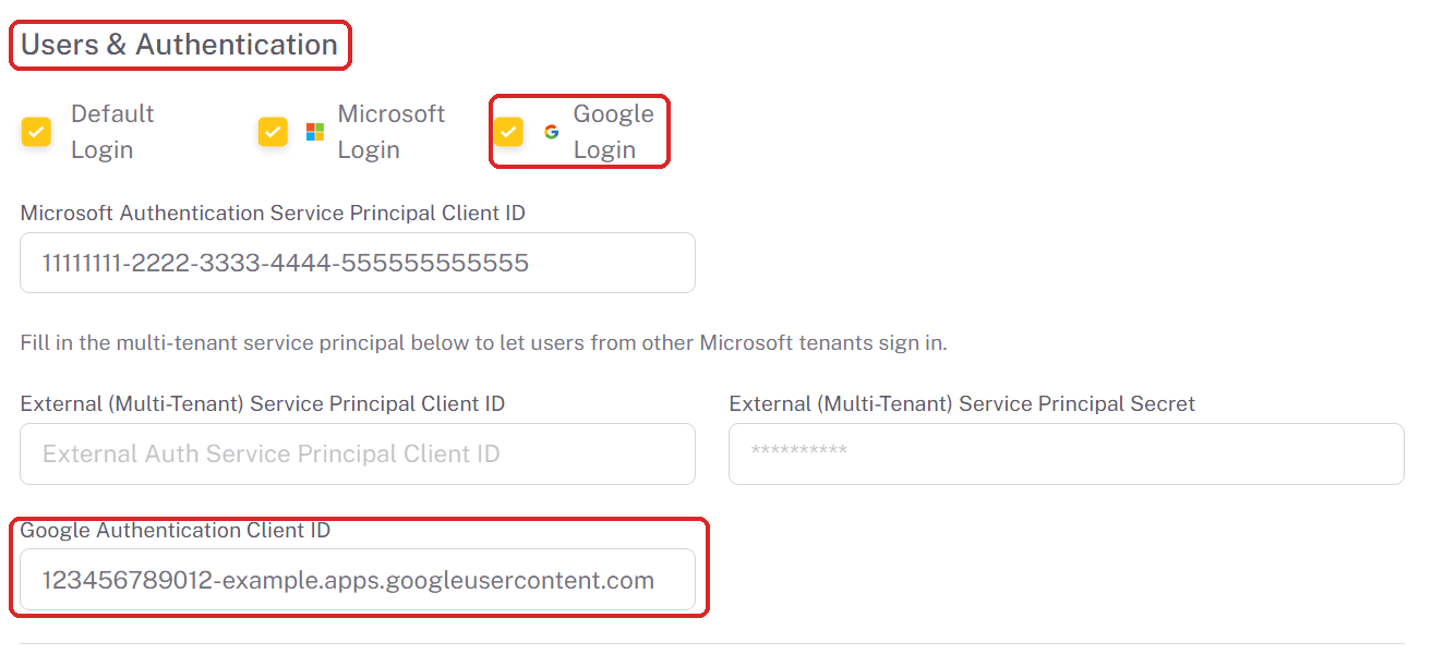 Google Login checked and the Google Authentication Client ID field in Global Settings