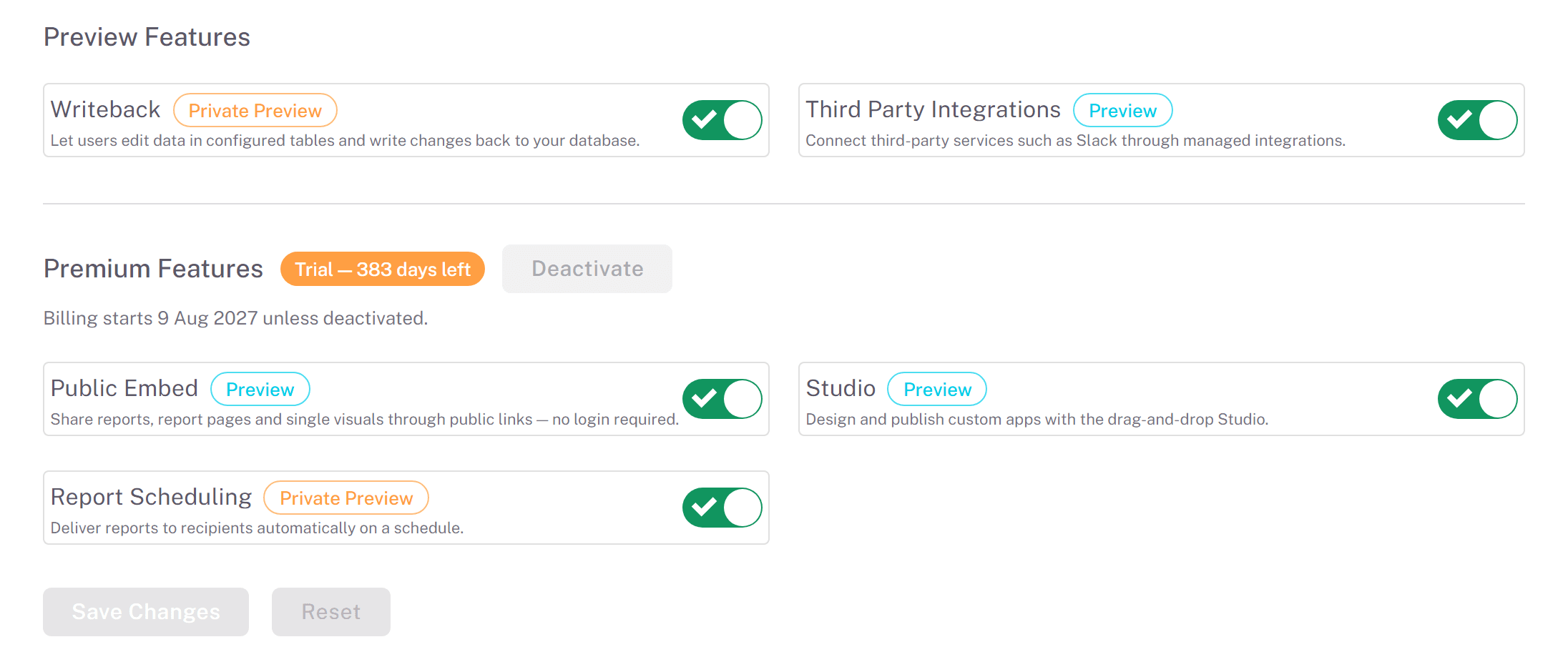 The Preview and Premium Features sections of Global Settings