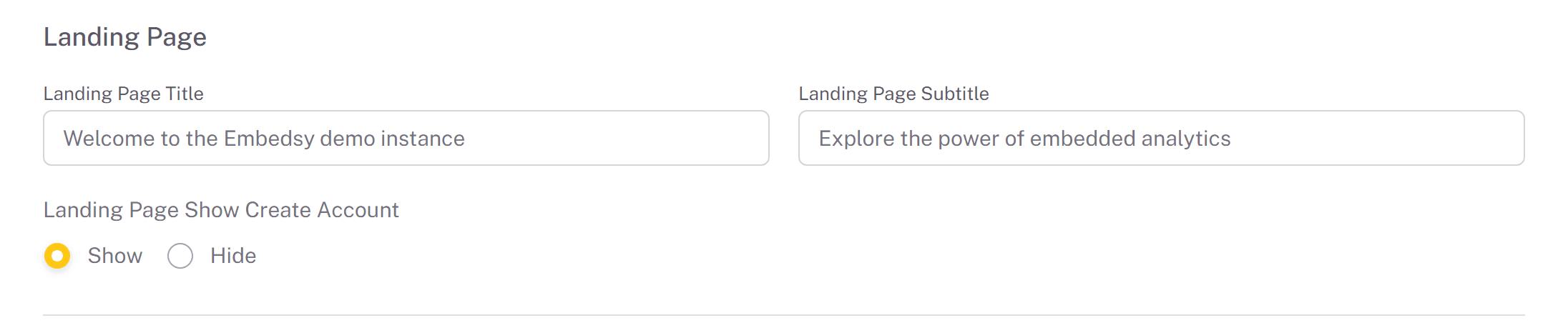 The Landing Page section of Global Settings