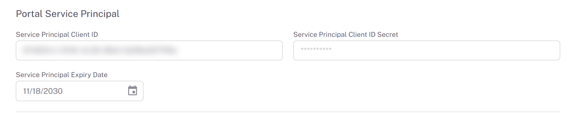 The Portal Service Principal section of Global Settings