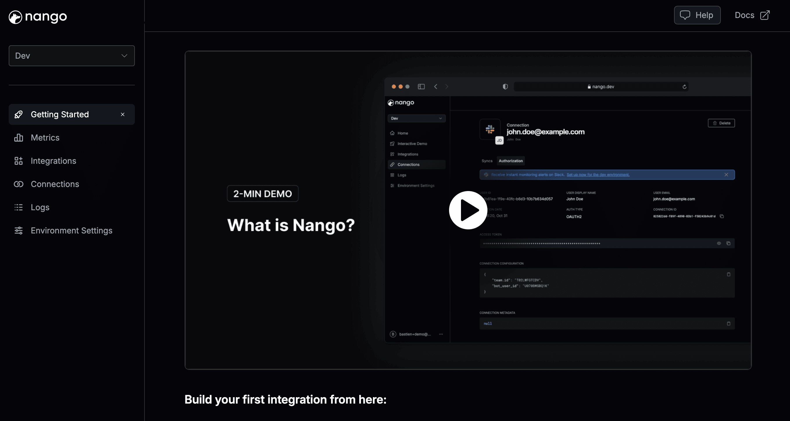 The Nango dashboard after signing up and verifying the account