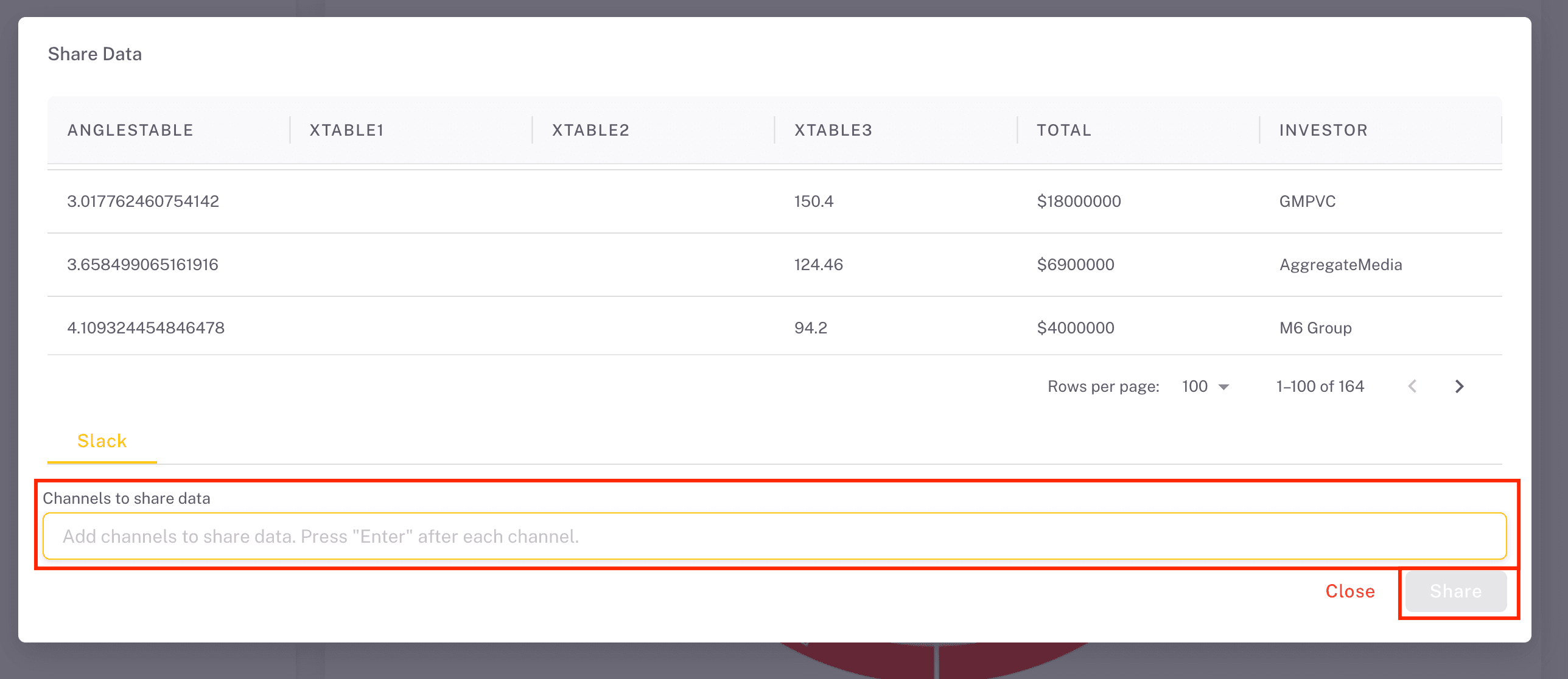 Selecting the Slack channels to send the table to