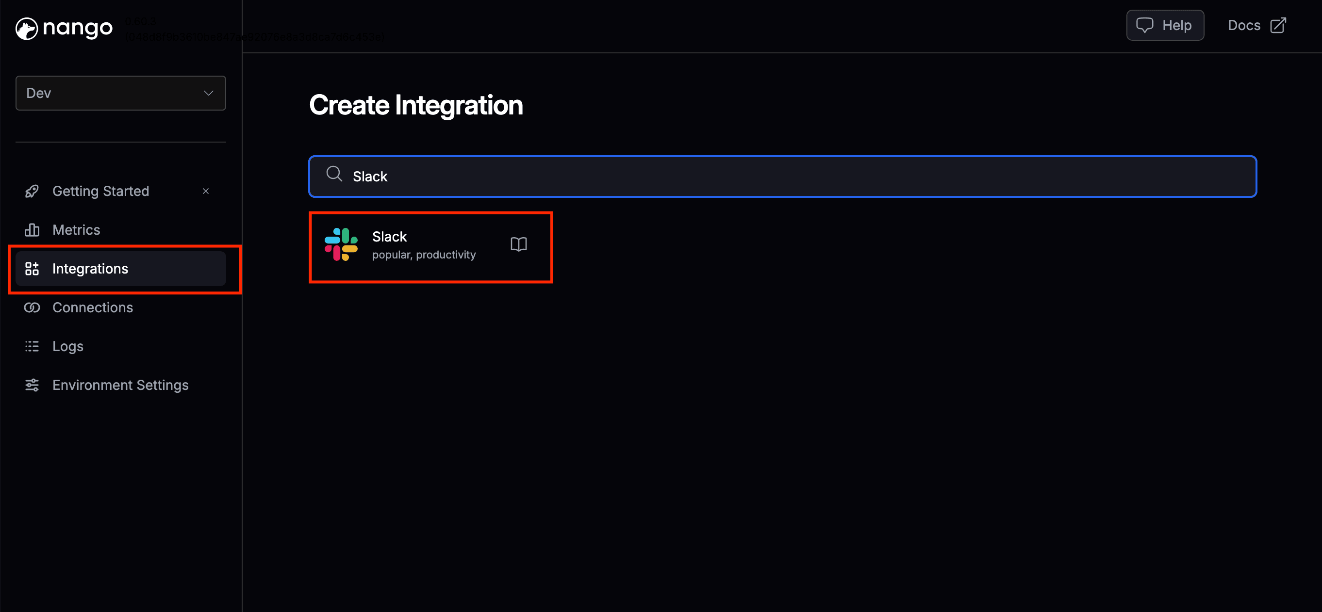 Choosing an integration to create in the Nango dashboard