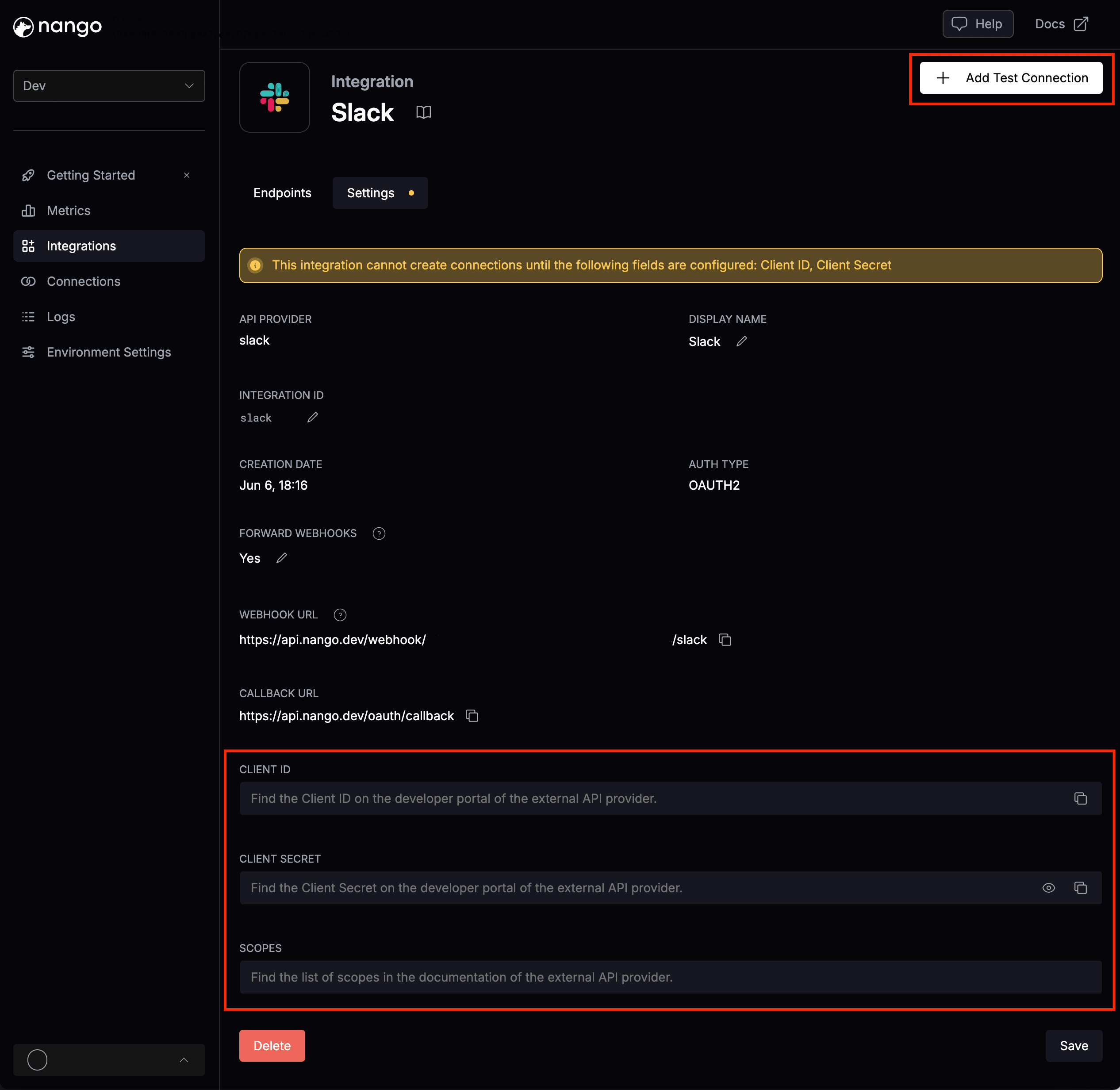 Settings tab of the Slack integration in Nango with Client ID, Client Secret and Scopes