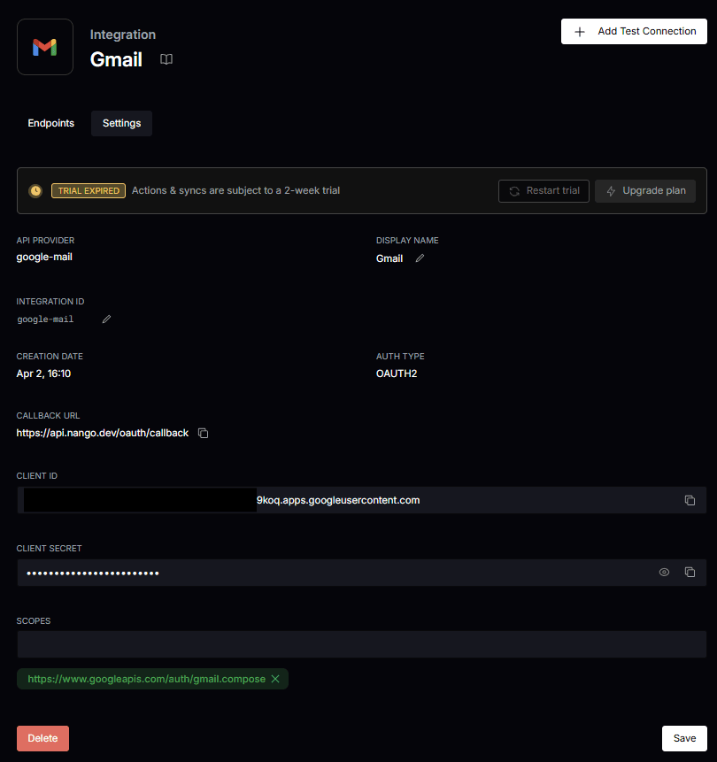 Settings tab of the Gmail integration in Nango