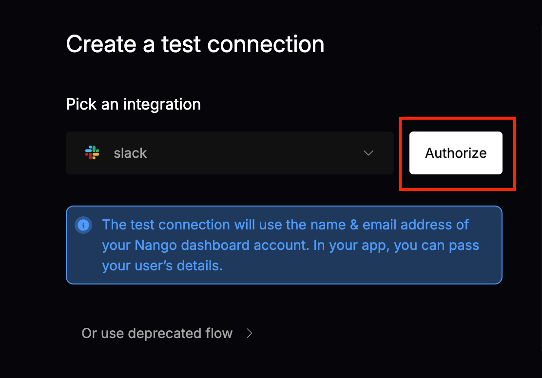 Authorize button used to create a new connection in Nango