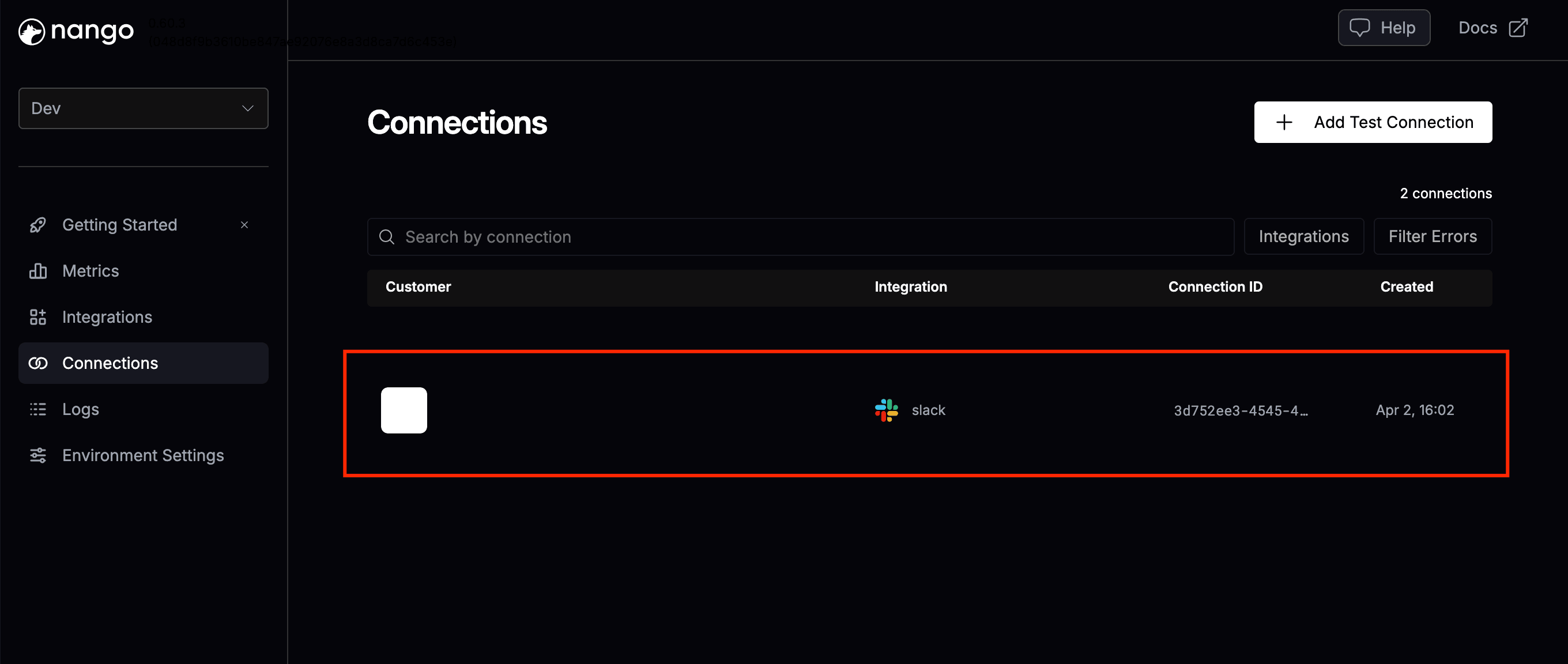 The new connection in the Connections tab of the Nango dashboard